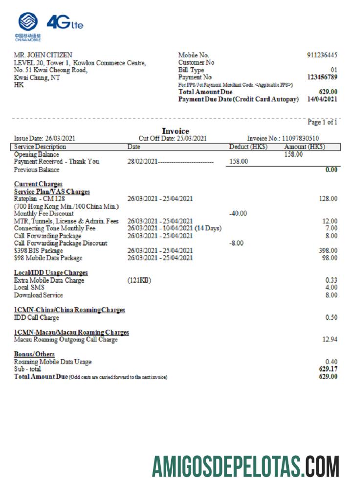 Fatura de pagamento limitada da China Mobile amostra